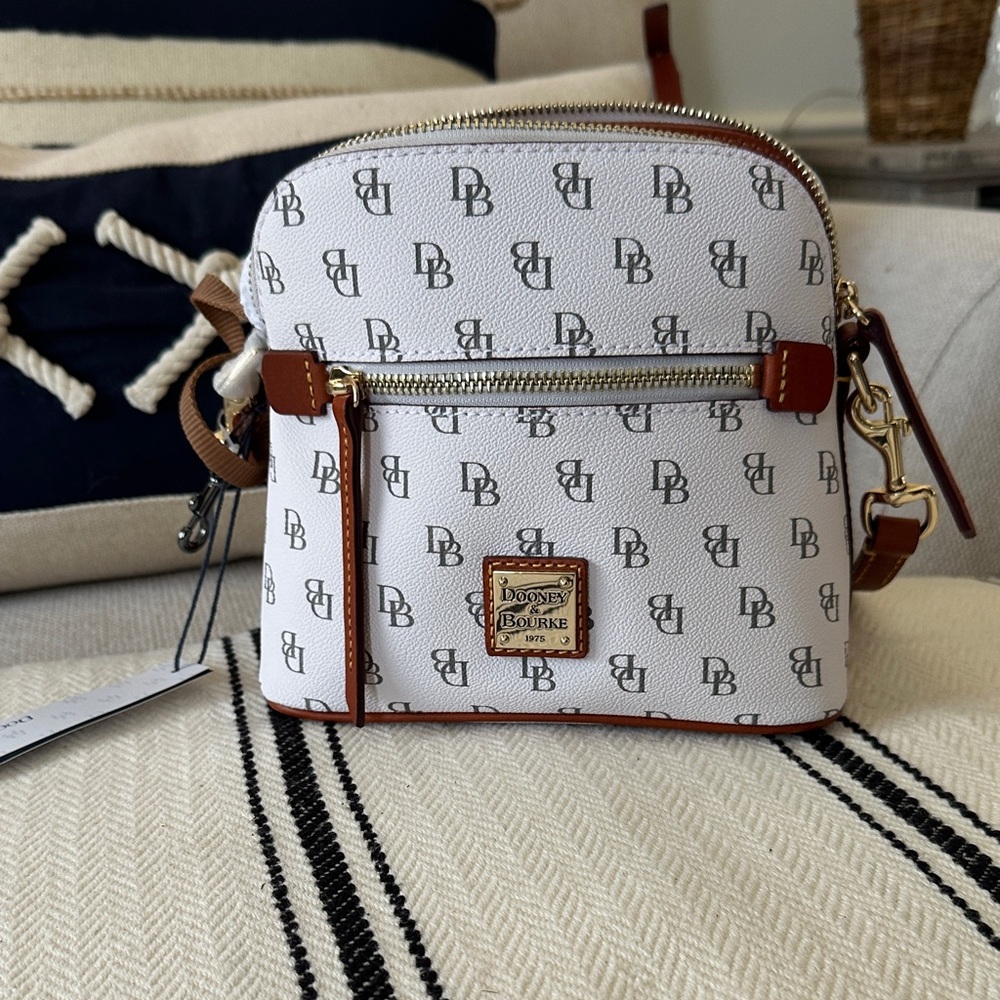 Dooney & Bourke White Monogram Dome Crossbody with Brown Trim